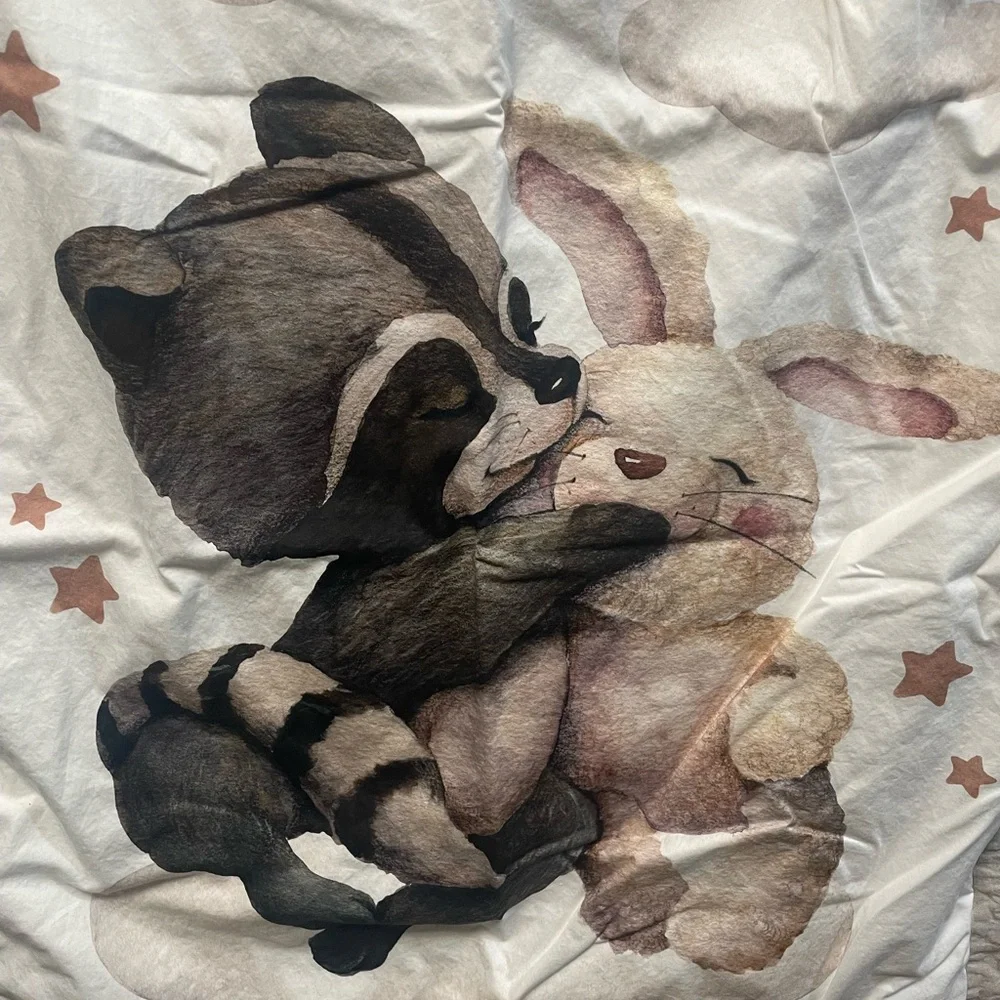 Charming Baby Quilt with Hugging Raccoon & Bunny Animal Design Handmade